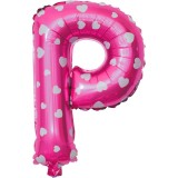 Balon folie metalizata litera p, flippy, 40 cm, cu imprimeu inimioare, umflati cu heliu sau aer, ambalaj individual, pai inclus, roz