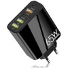 Incarcator retea 65W USB-C si USB-A 5 porturi fast charge PD QC universal telefon smartwatch negru compact