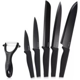 Set 5 cutite de bucatarie, din otel inoxidabil, 1 cutit de curatat din ceramica, Navaris, negru, Resigilat, Grad A