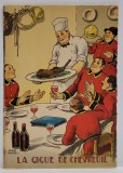 LA GIGUE DE CHEVREUIL , CARTE POSTALA ILUSTRATA , LITOGRAFIE SEMNATA JEAN PARIS , CU RETETA CULINARA PE VERSO , TEXT IN LB. FRANCEZA , 1946