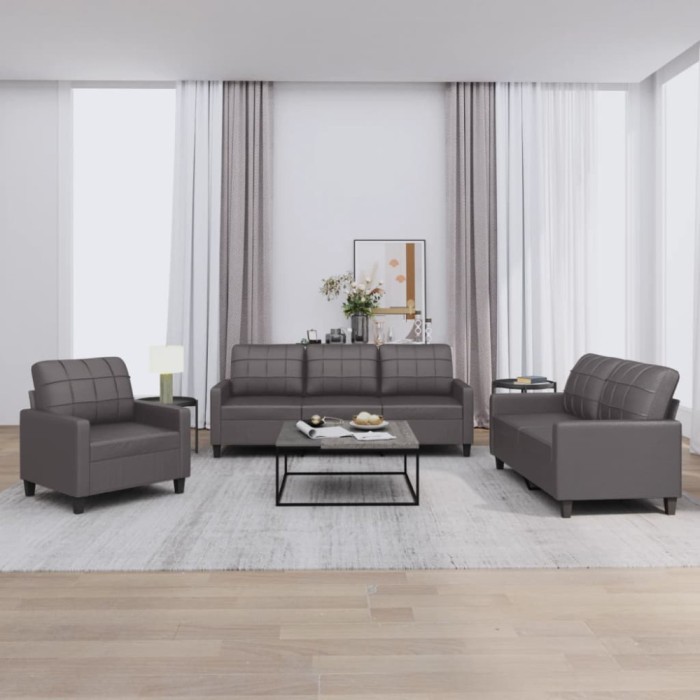 vidaXL Set de canapele cu perne, 3 piese, gri, piele ecologică 3201340