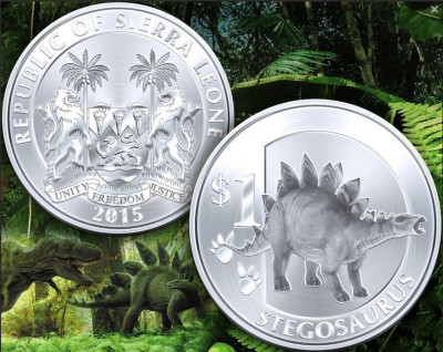 Sierra Leone 1 dollar Argintiu 2015 UNC Stegosaurus 40mm foto
