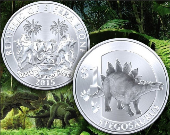 Sierra Leone 1 dollar Argintiu 2015 UNC Stegosaurus 40mm
