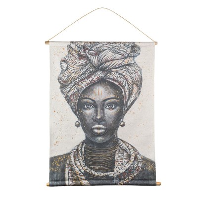 Tablou Textil Etnic Figura Femeie Black/White, 76 x 97 cm, suport lemn foto