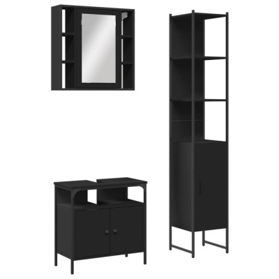 Set dulapuri de baie, 3 piese, negru, lemn prelucrat foto