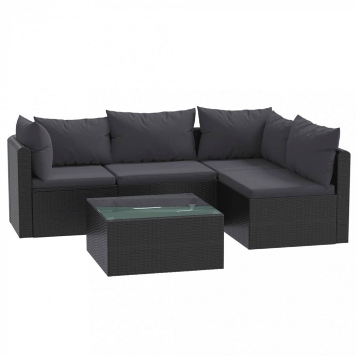 Set mobilier de grădină cu perne, 5 piese, negru, poliratan