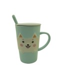 Set cana cu capac si lingurita, Albastru-Alb,Design Catel, Ceramica, 350 ml