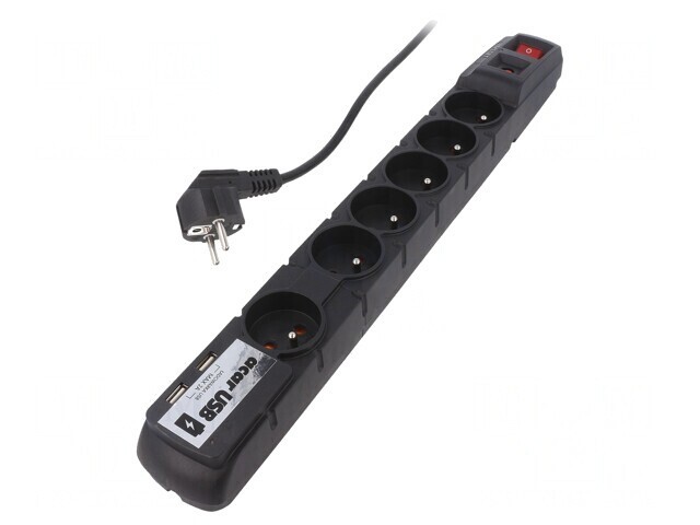 Prelungitor 6 Prize cu Protecție Supratensiune și USB 1.5M Negru
