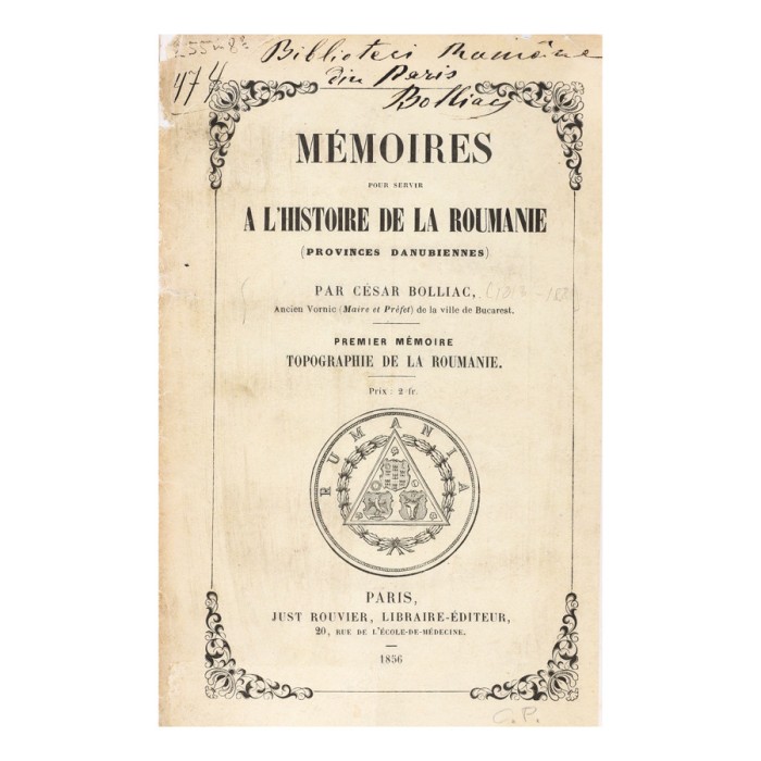 C. Bolliac, L&rsquo;Histoire de la Roumanie, 1856, cu dedicația olografă