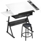 HOMCOM Masă de desen cu taburet și 2 sertare, &icirc;nălțime reglabilă, blat &icirc;nclinabil 0&deg; &agrave; 60&deg;, 120 x 60 x 68-92 cm, alb | Aosom Romania