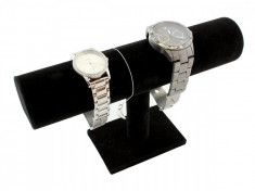 Suport pentru expunere bijuterii din catifea, cu picior, ceasuri si lantisoare, cilindric, negru, 23 cm foto