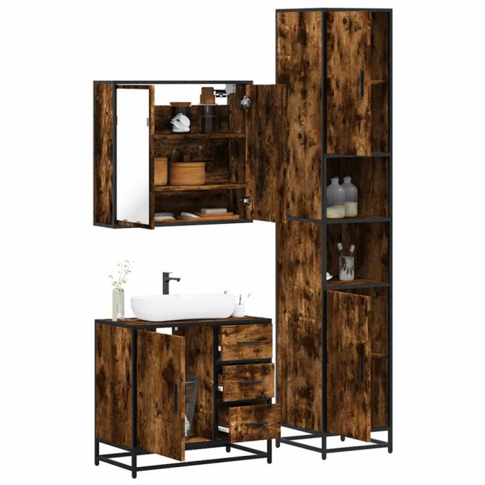 vidaXL Set mobilier de baie, 3 piese, stejar fumuriu, lemn prelucrat 3301077