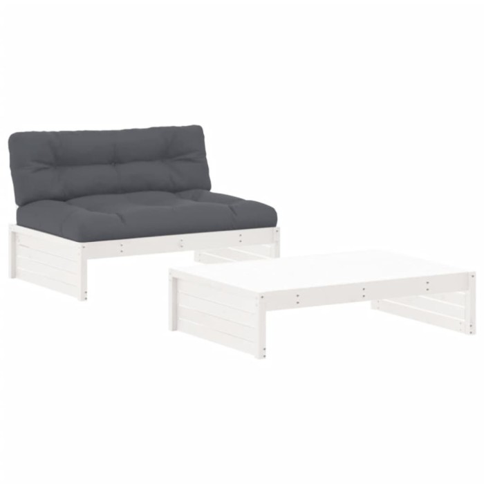 Set mobilier de gradina cu perne, 2 piese, alb, lemn masiv