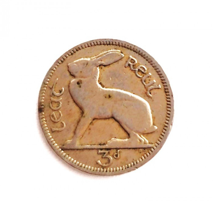 moneda _ Irlanda 3 penny pingine 1943 _ WW II _ km # 12 a _ tiraj mic