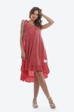 Rochie asimetrica ampla rosie cu buline mici si volan Crazy in Love