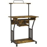 HOMCOM Birou pentru calculator pe roți cu rafturi de depozitare, post de lucru și blat pentru tastatură, 80x50x130cm, maro | Aosom Romania