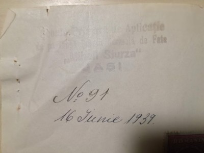 Adeverință Școala normală de fete &amp;rdquo;Mihail Sturza&amp;rdquo; Jași / Iași, 1939 foto