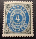 Danemarca 1875&ndash; 4 &Oslash;re albastru, &bdquo;Postfrim&aelig;rke&rdquo;, Scott # 26 XF MH