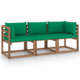 Canapea din paleti de gradina, 3 locuri, perne verzi, lemn pin GartenMobel Dekor, vidaXL