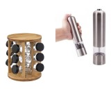 Set Suport Bambus Condimente 12 Recipiente Rotativ + Rasnita Electrica Piper Sare Inox LED