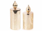 Cumpara ieftin Set 2 candele Craciun sticla aurie cu led &Oslash; 7,5 cm x 20,5 H, &Oslash; 7,5 x 17,5 H
