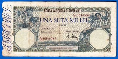 (51) BANCNOTA ROMANIA - 100.000 LEI 1946 (28 MAI 1946), FILIGRAN ORIZONTAL foto