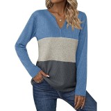 Tricou cu guler &icirc;n V pentru femei, tricotat &icirc;n model waffle, ușor, cu m&acirc;neci lungi, cu blocuri de culori &ndash; Albastru S