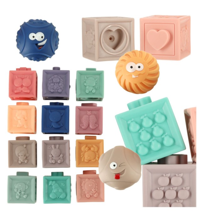 Set 15 blocuri, mingi senzoriale educative, moi din silicon, multicolor