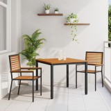 VidaXL Set de Masă pentru Grădină de 3 Piese Rattan Poly Negru Acacia, Scaune de Grădină Stivuibile cu Perne 2 buc Rattan Poly Negru, Masă de Grădină