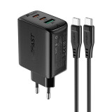 &Icirc;ncărcător de alimentare 2x USB-C/USB-A 65W PD QC 3.0 AFC FCP cu cablu USB-C 1,2 m negru Acefast