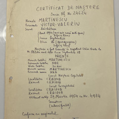 Victor Valeriu Martinescu copie manuscris a certificatului de nastere semnatura