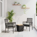 Set bistro de grădină, 3 piese, cu perne, negru, poliratan