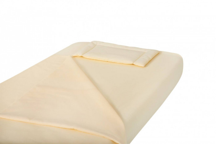 Lenjerie patut bebe, SomnART, cearceaf pat 60x120x10 cu elastic, cearceaf pilota 80x110, perna joasa 20x35, Galben Relax KipRoom