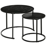 HOMCOM Lot de 2 Mese Laterale Rotunde gigogne incastrabile blat de lemn aspect marmura si Picioare din metal Negru | Aosom Romania