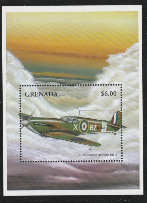 Grenada 1998-Aviatie,Spitfire MK-AI,avion de atac,colita dant.,MNH,Mi.Bl.570