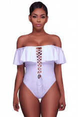 SW1080-2 Costum de baie alb, accesorizat cu volanas si decupaj foto