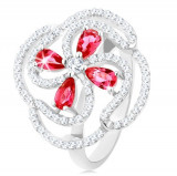 Inel din argint 925, floare convexă realizată din lacrimi din zirconiu roz și linii transparente - Marime inel: 50
