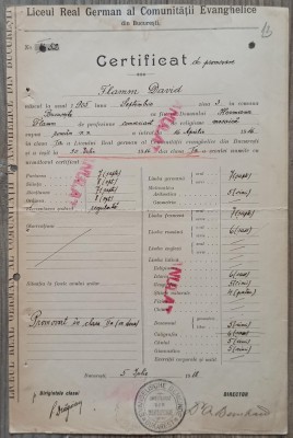 Certificat de promovare Liceul Real German al Comunitatii Evanghelice Bucuresti 1918 foto