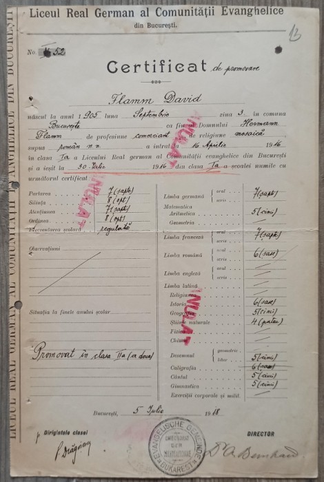 Certificat de promovare Liceul Real German al Comunitatii Evanghelice Bucuresti 1918