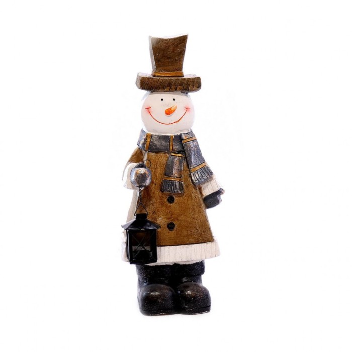 Decoratiune iarna, ceramica, om de zapada cu felinar, loc pentru lumanare, maro si alb, 20x15x54 cm, Chomik