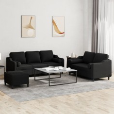 vidaXL Set de canapele cu perne, 3 piese, negru, textil foto