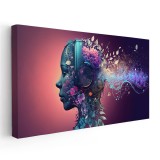 Tablou portret femeie cu casti, flori, mov 1736 Tablou canvas pe panza CU RAMA 60x120 cm