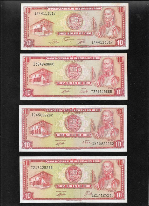 Set Peru 4 x 10 soles de oro semnaturi diferite