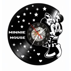 Ceas de perete decorativ realizat manual din disc de vinil, handmade, Minnie Mouse Disney, ideal cadou copii si fete, Negru, 30 cm