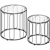 HOMCOM Set de 2 mese auxiliare tip nido cu structură metalică și blat din cristal &Oslash;50x50 cm și &Oslash;40x40 cm negru | Aosom Romania