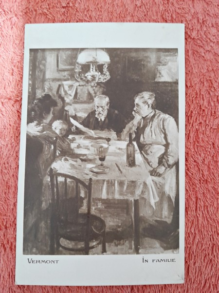 Carte postala, reproducere dupa tabloul In familie/Vermont, perioada interbelica
