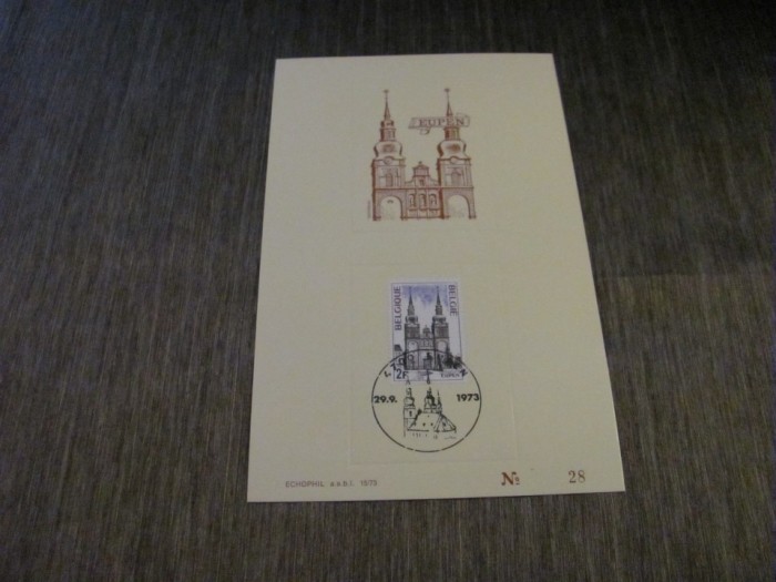 Timbru Obliterat , Ediție Limitată Echophil, Colecție Bisericească,Carton Filatelic Belgia 1973