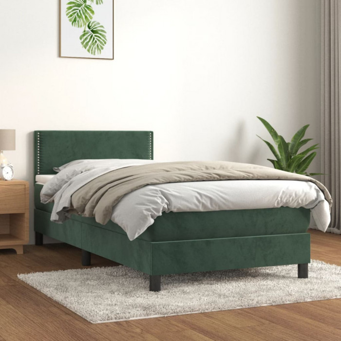 vidaXL Pat box spring cu saltea, verde &icirc;nchis, 80x200 cm, catifea