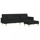 Canapea extensibila cu taburet, 2 locuri, negru, textil