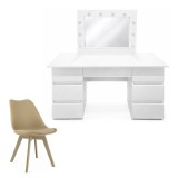 Masa de toaleta/machiaj, Vanessa, alba + scaun Mark, bej, cu oglinda si LED-uri, 130x43x143 cm
